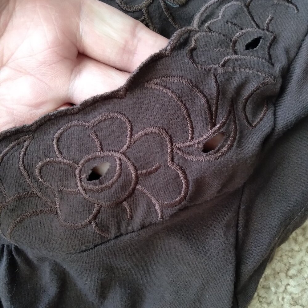 Vintage Y2K Licorice Brown Floral Eyelet Flutter Sleeve Babydoll Top Size Large - Picture 3 of 5